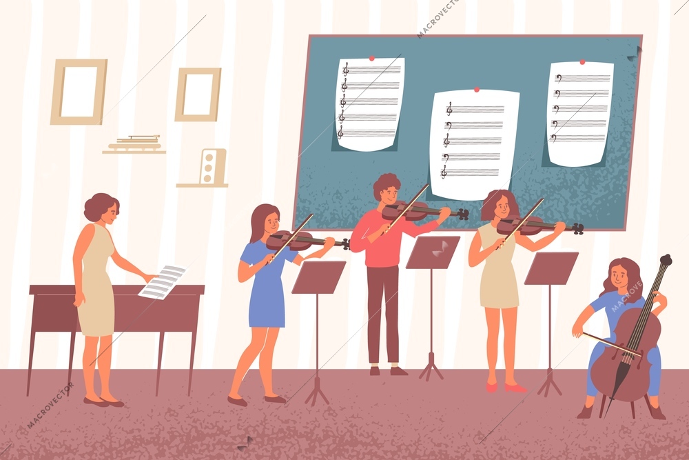 Learning music notes flat composition with indoor scenery of academic music class with desks and people vector illustration