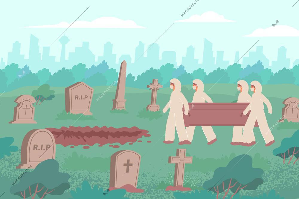 Funeral covid flat composition with outdoor view of cemetery with cityscape and people in protection suits vector illustration