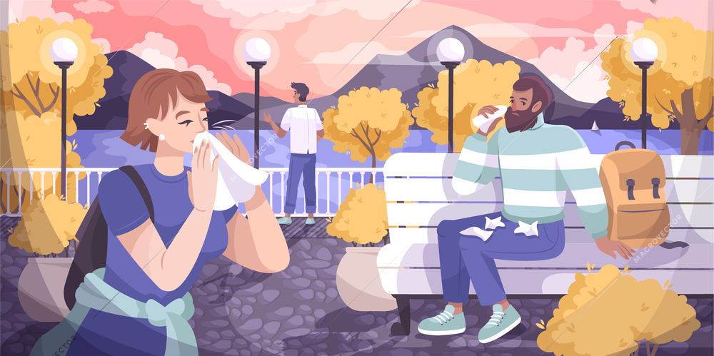 Runny nose flat composition with autumn park outdoor landscape and people blowing their noses with wipes vector illustration