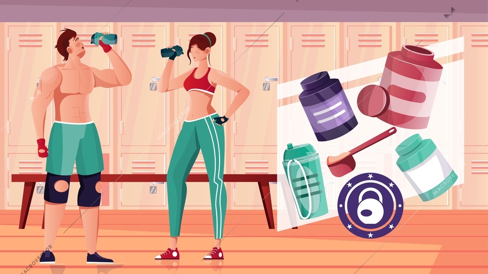 Bodybuilding sport nutrition flat composition with indoor view of gym locker room with athletes and nutraceuticals vector illustration