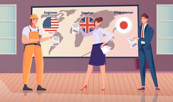 Employment abroad flat composition with indoor scenery characters of engineer teacher and programmer with world map vector illustration