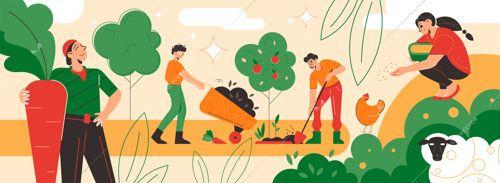 Farm garden works composition with flat doodle style landscape and human characters planting vegetables feeding chicken vector illustration