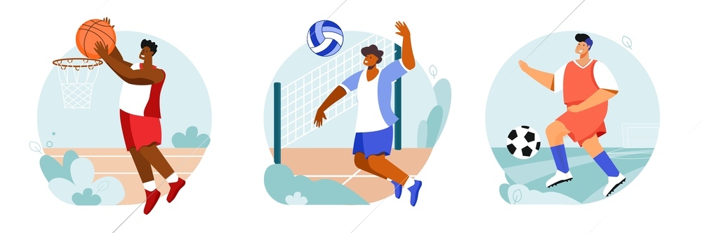 Sports stadium set of round compositions with outdoor views and flat characters of players with balls vector illustration