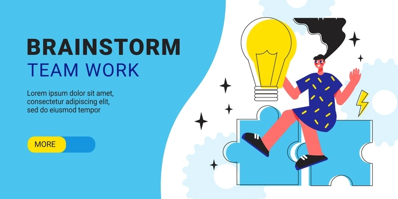 Brainstorm team work horizontal banner with creative young girl puzzle game elements and light bulb icons flat vector illustration