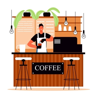 Coffee house flat background with bartender preparing drink at bar vector illustration