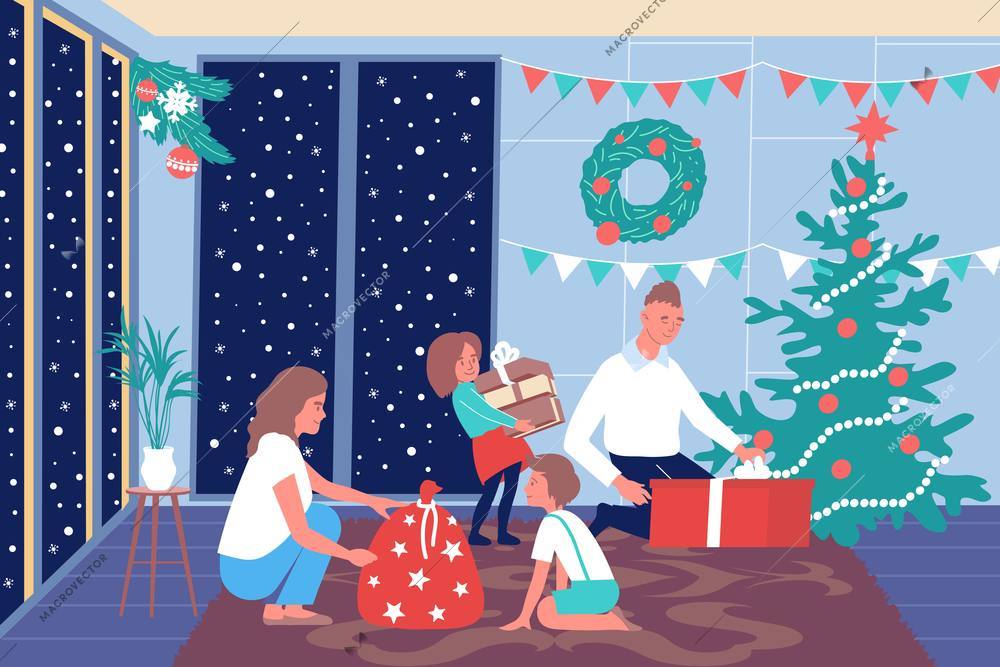 Christmas family composition with view of decorated living room with new year tree and family members vector illustration