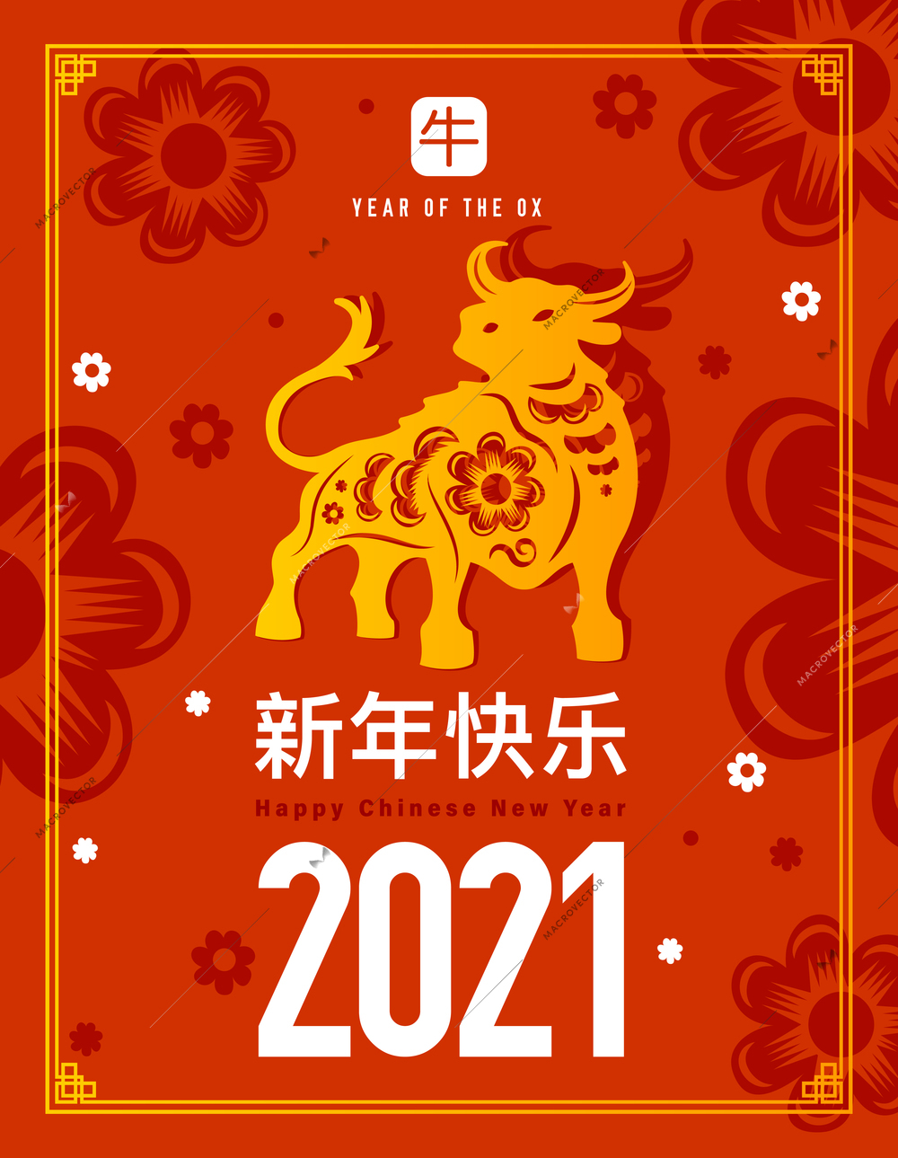 Chinese bull cow 2021 zodiac sign vertical poster with editable text and ornate image of mascot vector illustration