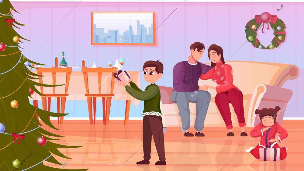 Parents and children unwrapping christmas presents in living room with festive table flat vector illustration
