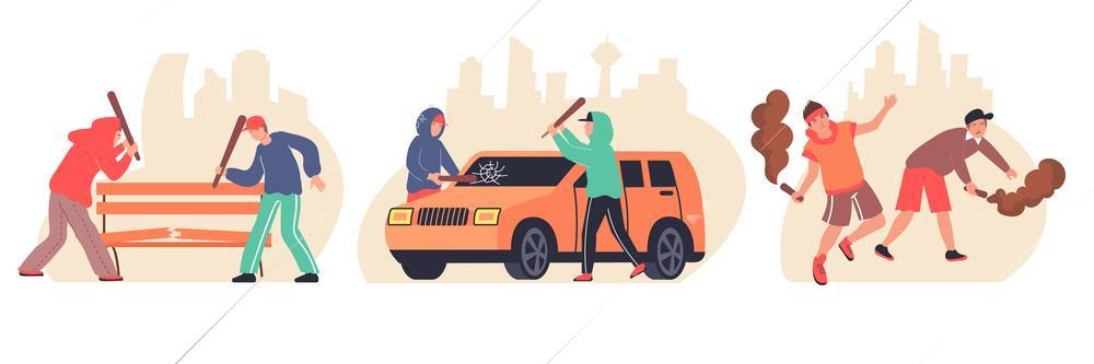 Hooliganism set of three flat compositions with characters of vermins breaking cars benches burning smoke flares vector illustration