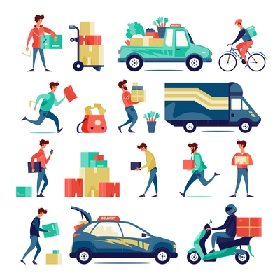 Flat set of icons with delivery men vehicles boxes isolated on white background vector illustration