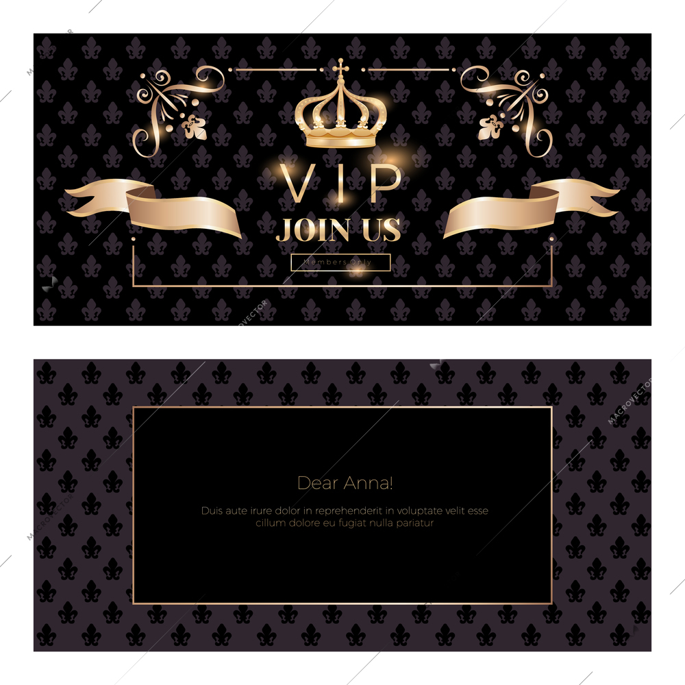 Royal golden crown invitation set of two horizontal banners with empty space text and ribbon ornaments vector illustration