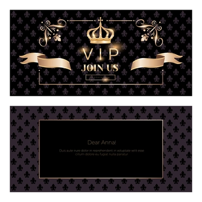 Royal golden crown invitation set of two horizontal banners with empty space text and ribbon ornaments vector illustration