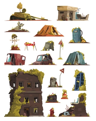 Post apocalypse cartoon set of   abandoned city buildings cars destroy in war zone vector illustration