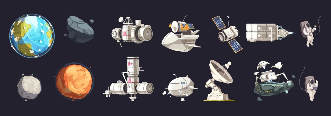 Space exploration isolated set of ships planets of solar system cosmonauts in spacesuits in outer cosmos isolated icons set vector illustration