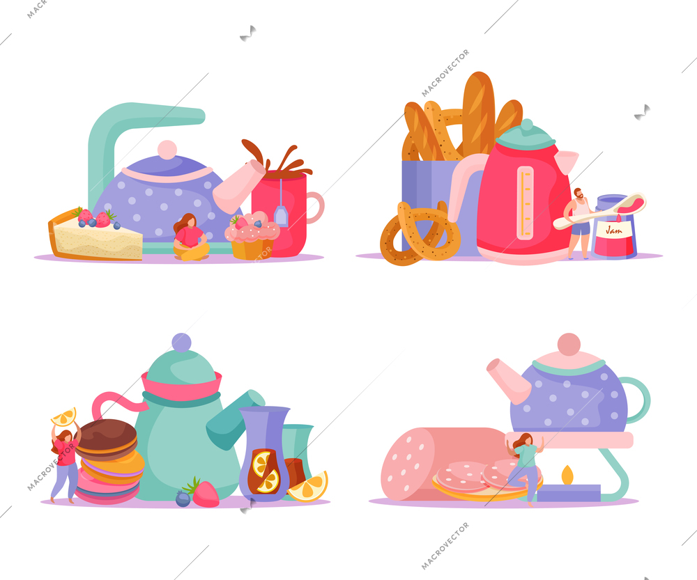 Tea time flat 4x1 set of isolated compositions with teapots cups snacks and doodle human characters vector illustration