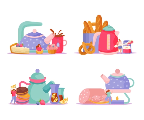 Tea time flat 4x1 set of isolated compositions with teapots cups snacks and doodle human characters vector illustration