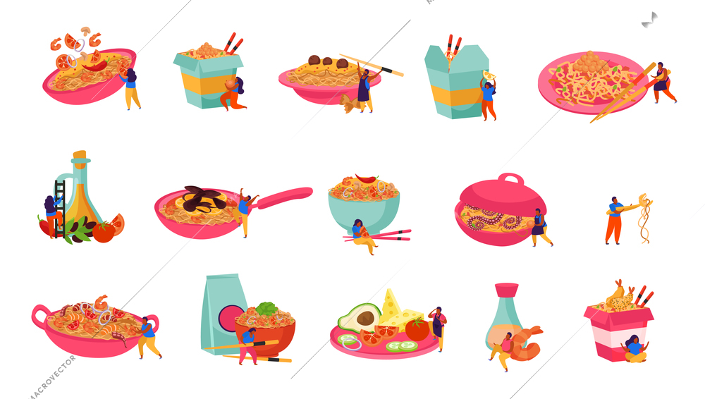 Wok box flat recolor set of isolated icons with served and packed asian fast food noodles vector illustration