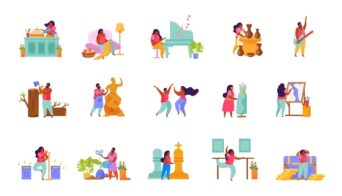 Hobby flat people recolor set of isolated icons with doodle human characters during various leisure activities vector illustration