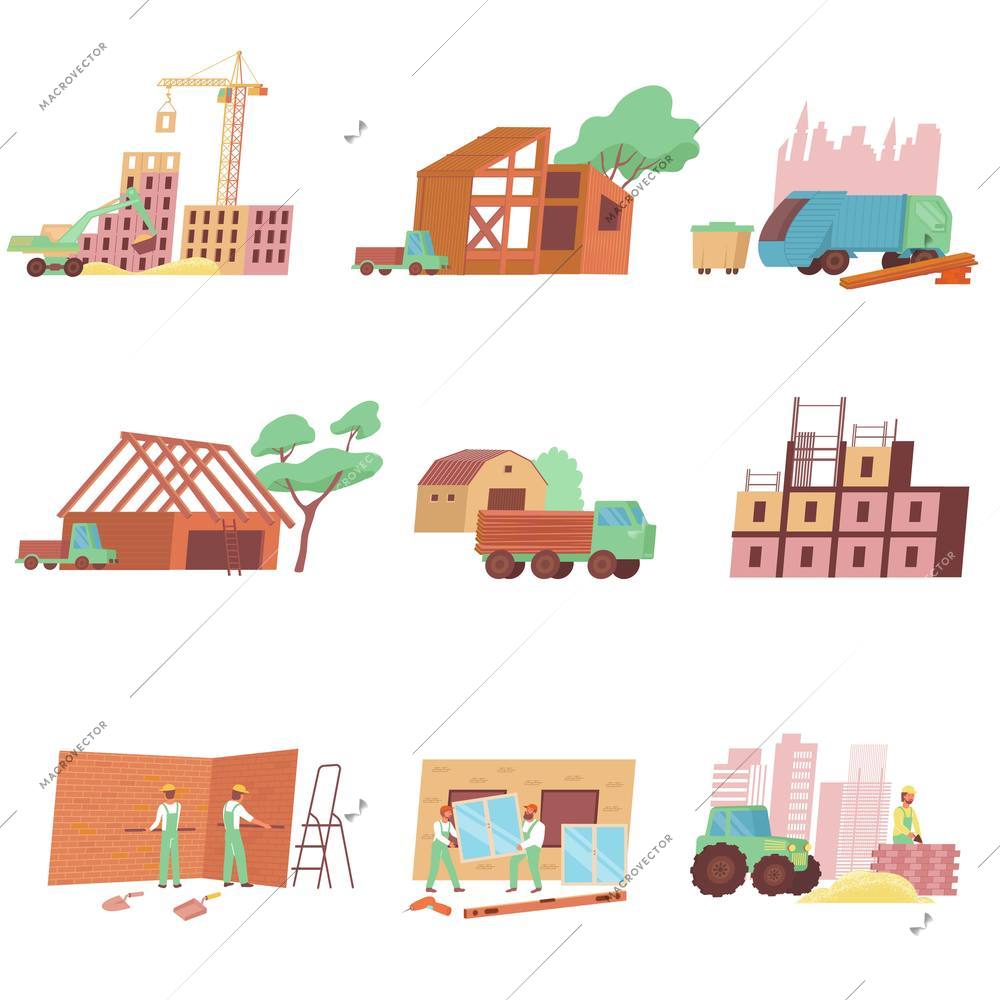 Home construction set with flat icons and isolated images of urban and country buildings with machinery vector illustration