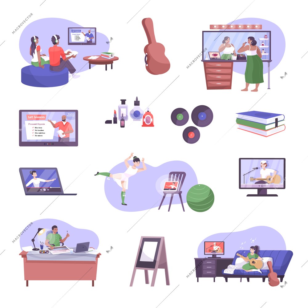 Hobby online set with flat icons and isolated compositions of people staying home with various activities vector illustration