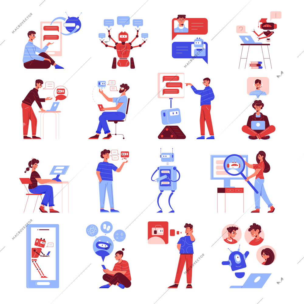 Customer support chatbot service flat icons set with business manager routine tasks answering questions robot vector illustration