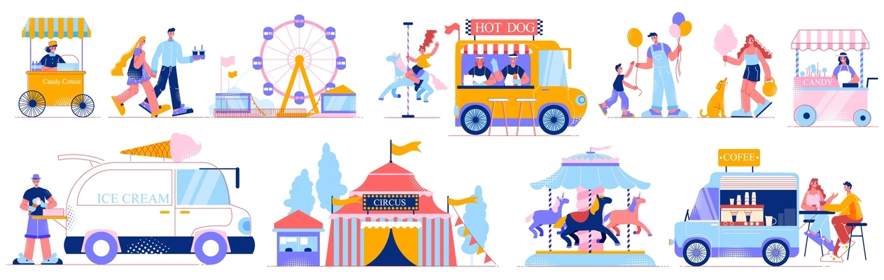 Funfair amusement park set of isolated icons and compositions of human characters market vans and arcades vector illustration