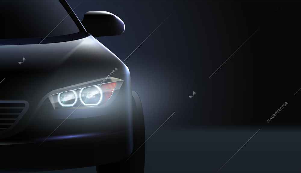 Realistic car headlights AD composition high class status car in the dark vector illustration