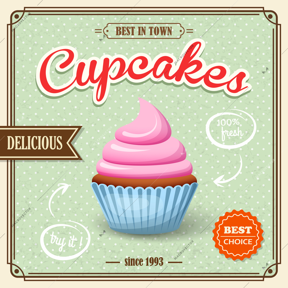 Sweet food dessert cupcake on cafe retro paper poster vector illustration