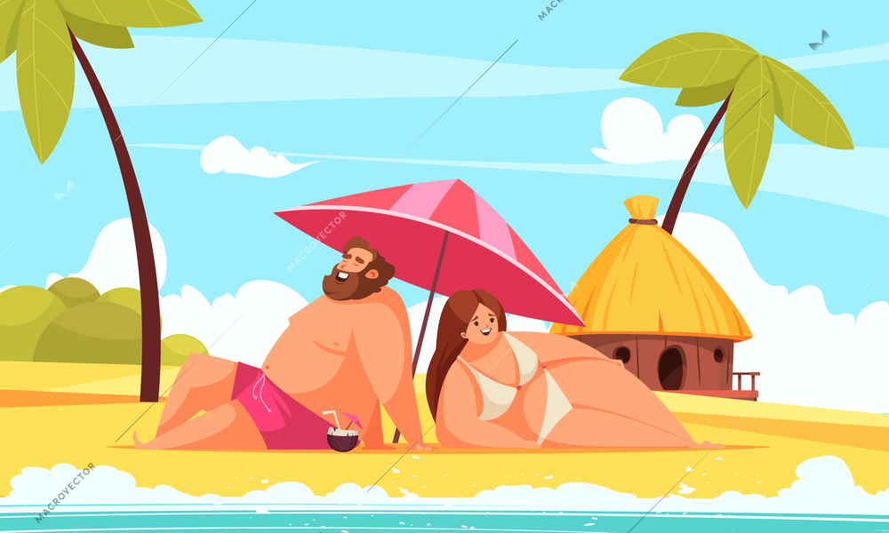 Body positive cartoon background with happy chubby man and woman lying under umbrella on beach vector illustration