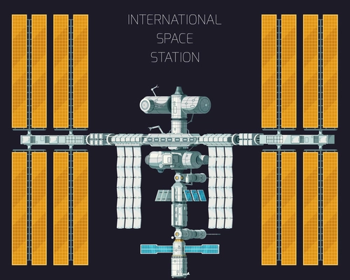 Flat colored orbital international space station concept with top view and yellow panels