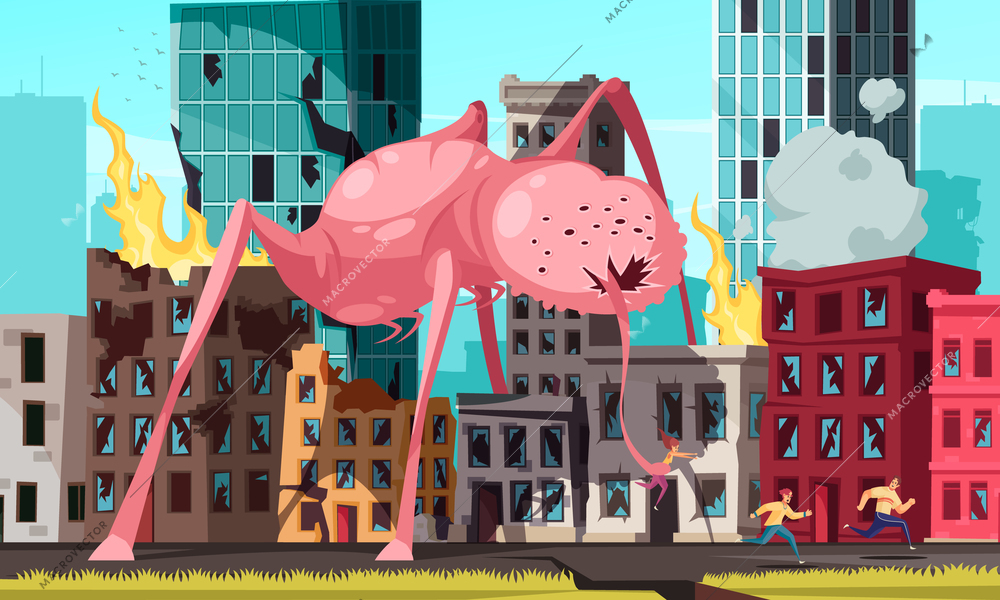 People running from huge monster attacking city and catching woman with its long tongue cartoon vector illustration
