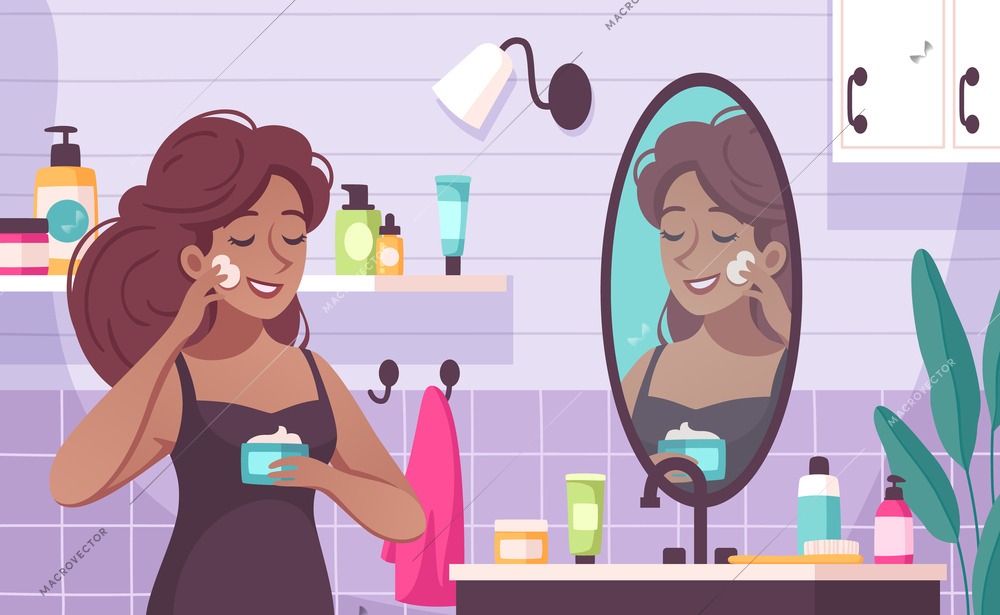 Skin care cartoon composition with young woman applying nourishing moisturizer on her face in bathroom vector illustration