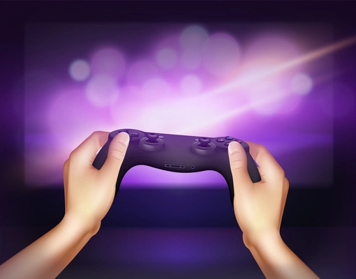 PC video games realistic gamepad controller  in hands entertainment device closeup violet blurred light background vector illustration