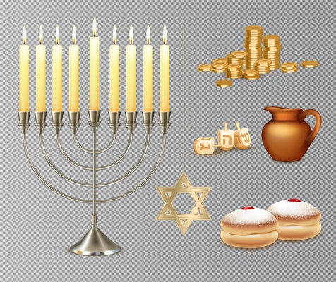 Happy hanukkah jewish festival celebration set with menora candelabrum lights six pointed david star symbols vector illustration