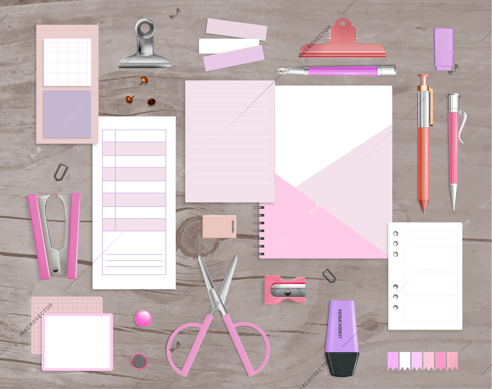Office supply products realistic pink violet mockup items with scissors stapler notepads grey wood background vector illustration