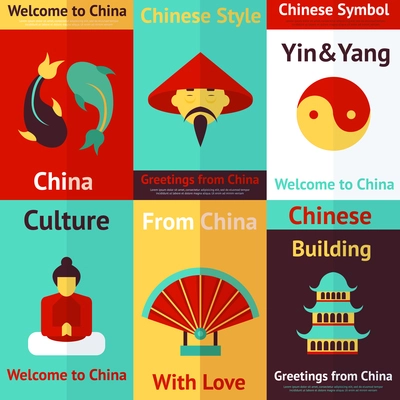 China culture and building retro mini poster set isolated vector illustration