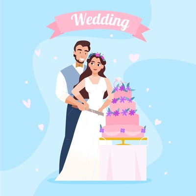 Marriage reception beautiful background composition with bride and groom together cutting piece of wedding cake vector illustration