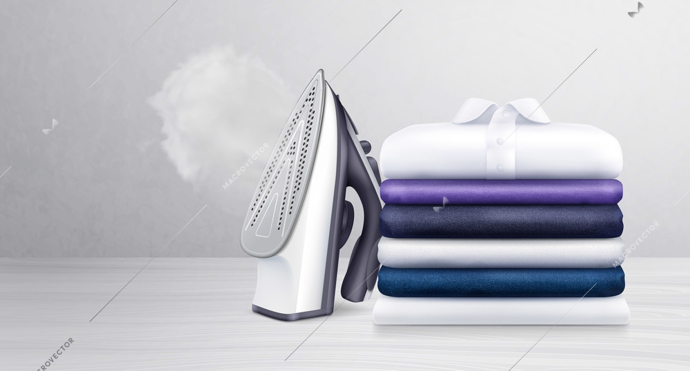 Stack of neatly folded clean clothes and iron with water vapor realistic vector illustration