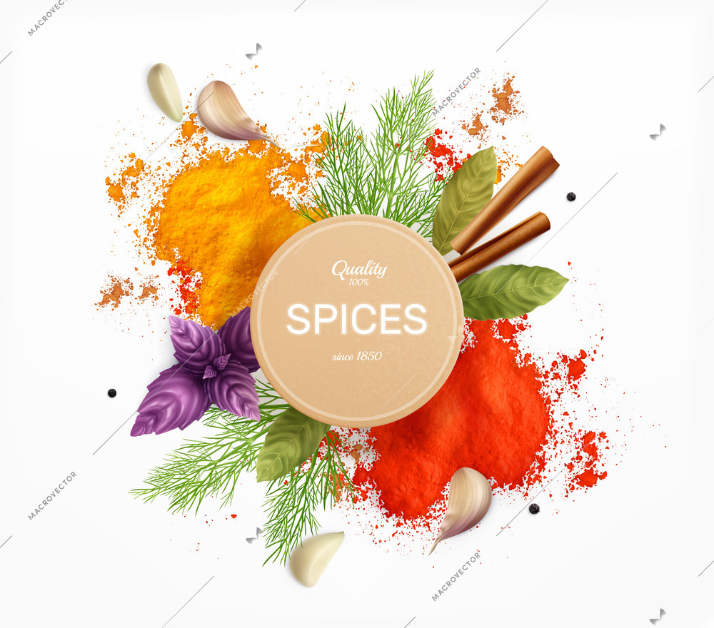 Spices and herbs emblem decorated with leaves of dill basil bay and  powder of curry and paprika realistic vector illustration