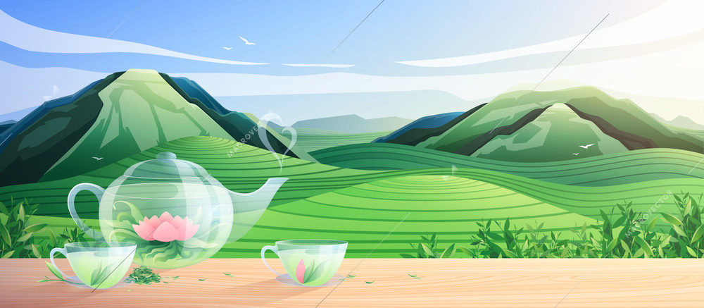 Natural tea production colorful composition with glass utensils for tea ceremony at nature landscape background flat vector illustration