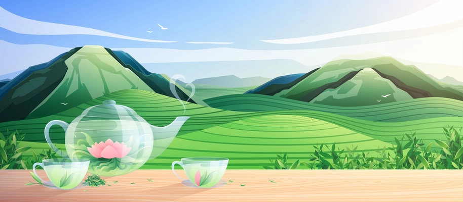 Natural tea production colorful composition with glass utensils for tea ceremony at nature landscape background flat vector illustration