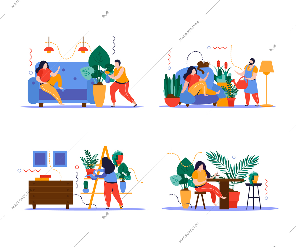 Home garden concept icons set with houseplants in interior flat isolated vector illustration