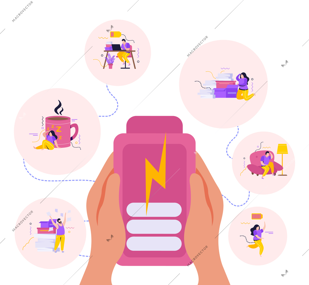 Low energy people design concept with human hands holding charged smartphone and characters feeling tired vector illustration