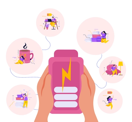 Low energy people design concept with human hands holding charged smartphone and characters feeling tired vector illustration