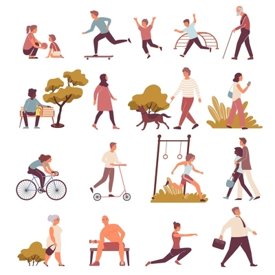 City set of flat icons and isolated images with people of different age walking in park vector illustration