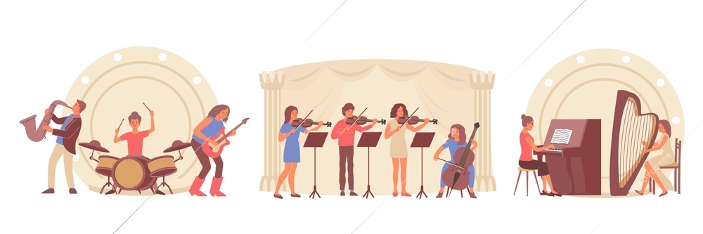 Learning music set of three flat compositions with views of stages and people playing musical instruments vector illustration