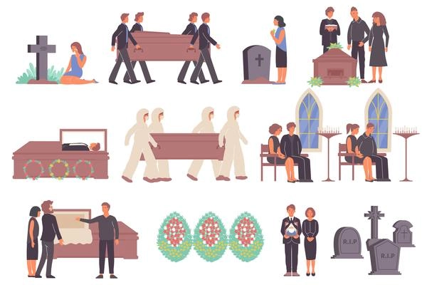 Funeral services set with flat icons and isolated images of graves burial wreath and human characters vector illustration