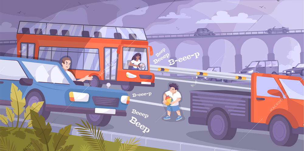 Child safety on road background with cars and kid flat  vector illustration