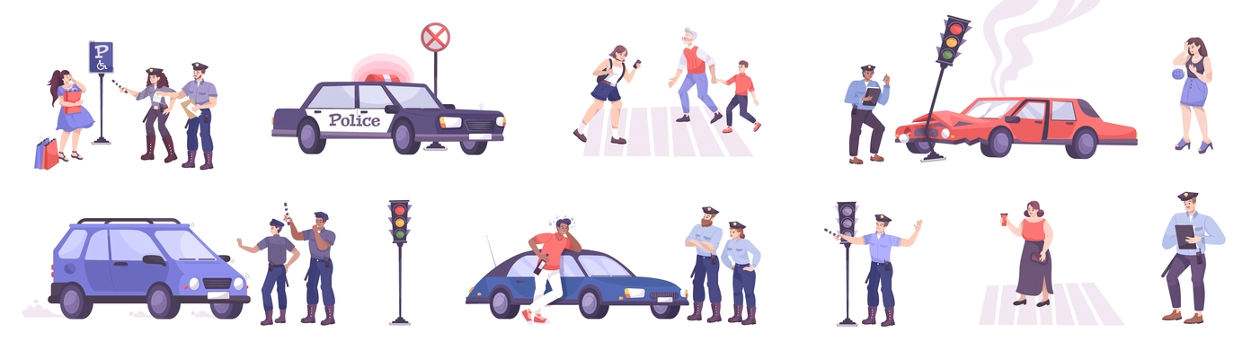 Traffic police set with rules violation symbols flat isolated vector illustration