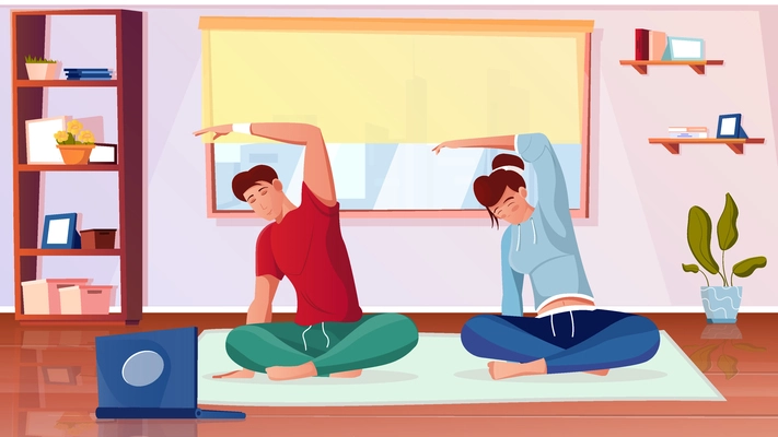 Training fit online flat composition with sitting people practicing yoga at home looking at laptop course vector illustration